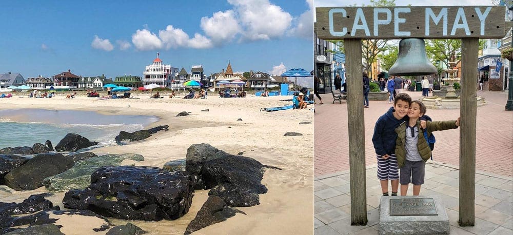 Left image: A sweeping view of Cape May feature the shoreline with its iconic main street in the distance. Right image: a brother hugs his younger brother under the famous Cape May sign with bell in the main town square.