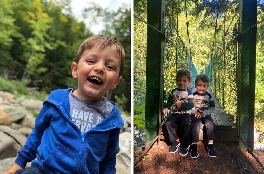 Left Image: A young boy smiles with delight as he hikes along the Clarendon Gorge. Right Image: Two boys sit at the entrance of a suspension bridge at Clarendon Gorge, an Appalachian trail.