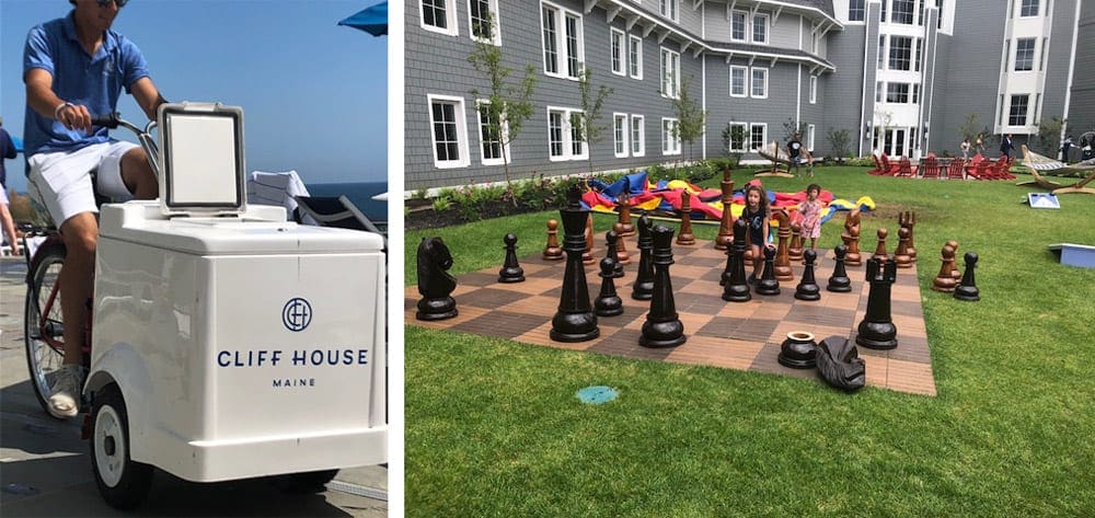 Left Image: A ice cream delivery bike at Cliff House. Right Image: A large, outdoor chess set on the grounds of Cliff House.