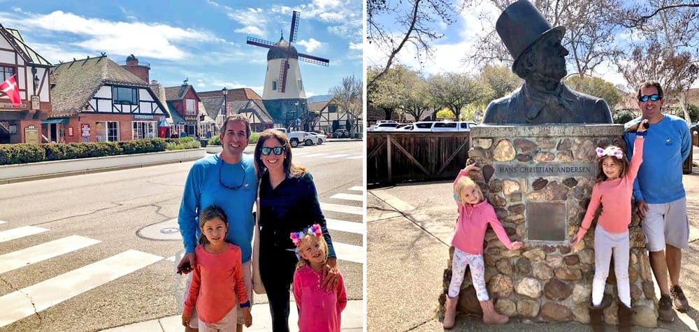 Left image: A family of four stands along the main street of Solvang, CA, with the iconic windmill shown behind them. Right Image: A dad and his two daughters stand smiling with a statue of Hans Christian Andersen in Sovlang, CA.