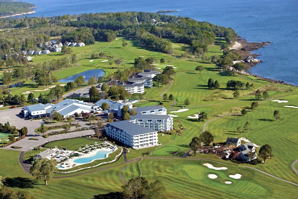 An aeriel view of The Samoset Resort on a sunny, summer day. The Samoset Resort is one of the best Maine hotels for families.
