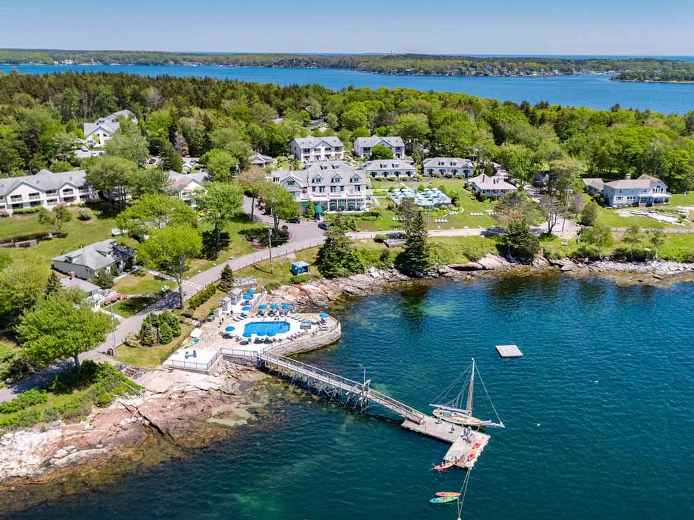 Aerial view of the Spruce Point Inn Resort & Spa, which is nestled along Maine's Atlantic coast.