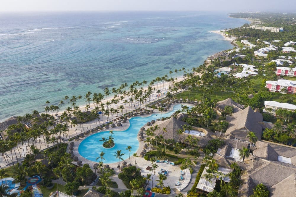 Aeriel view of Club Med Punta Cana, one of the best Caribbean resorts with baby clubs, feature an ocean view and large pool.