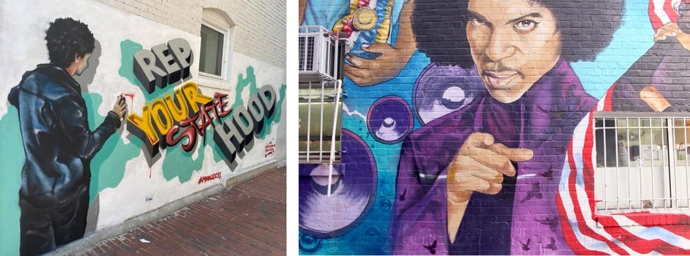 Left Image: A street mural of a graffiti artist tagging the phrase "Rep Your State Hood". Right Image: A large street mural of Prince wearing his iconic purple clothing.