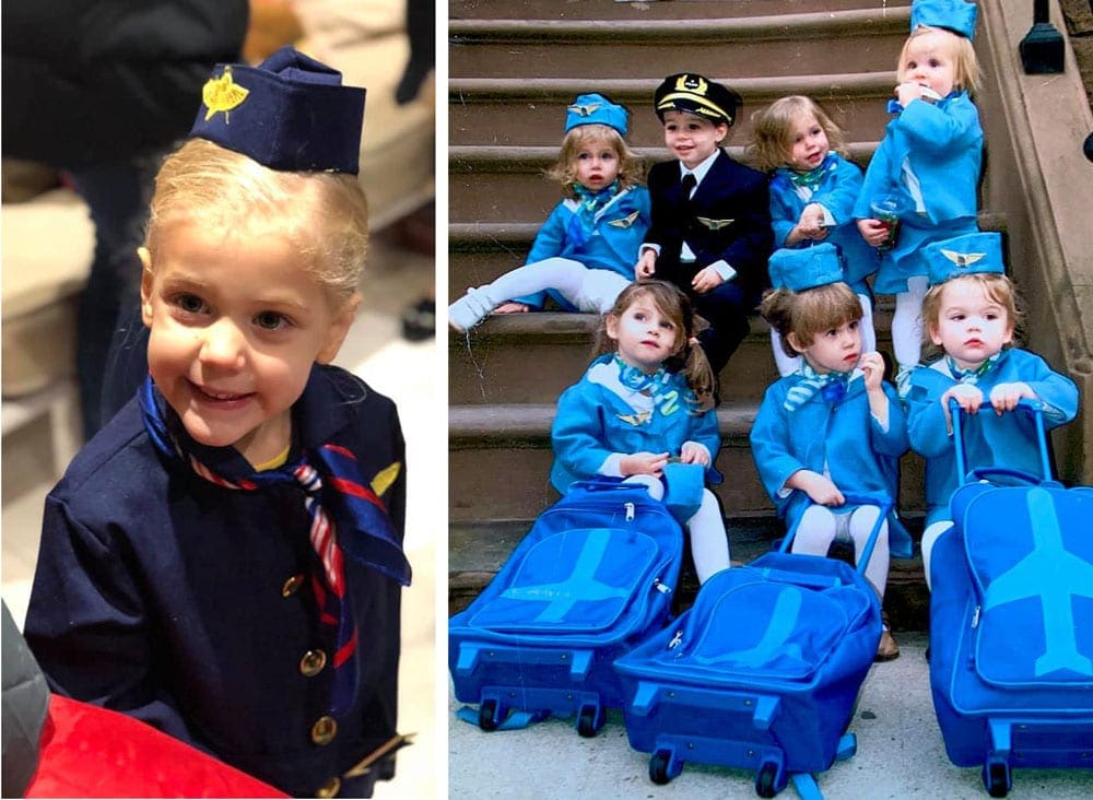 Left Image: A young blond girl wears a flight attendant costume, with hat and pins! Right Image: A young boy wears a pilot's costume, surrounded by six young girls wearing blue flight attendant costumes, three of whom are holding blue bags, one of the best travel themed costumes for kids.