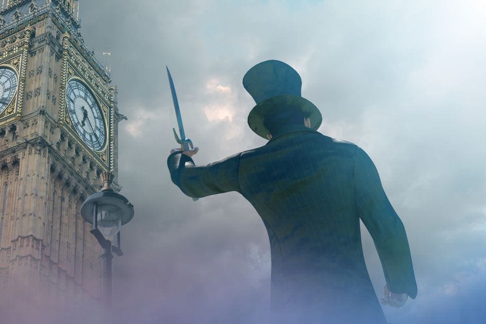 A man playing Jack the Ripper holds up a sword among the fog near Big Ben in London.