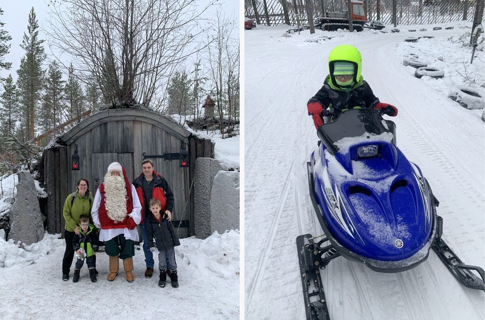 Left Image: A family of four stands with Santa in Lapland. Right Image: A young boy sits on a blue snowmobile in Lapland, one of the best places for a December vacation with kids.