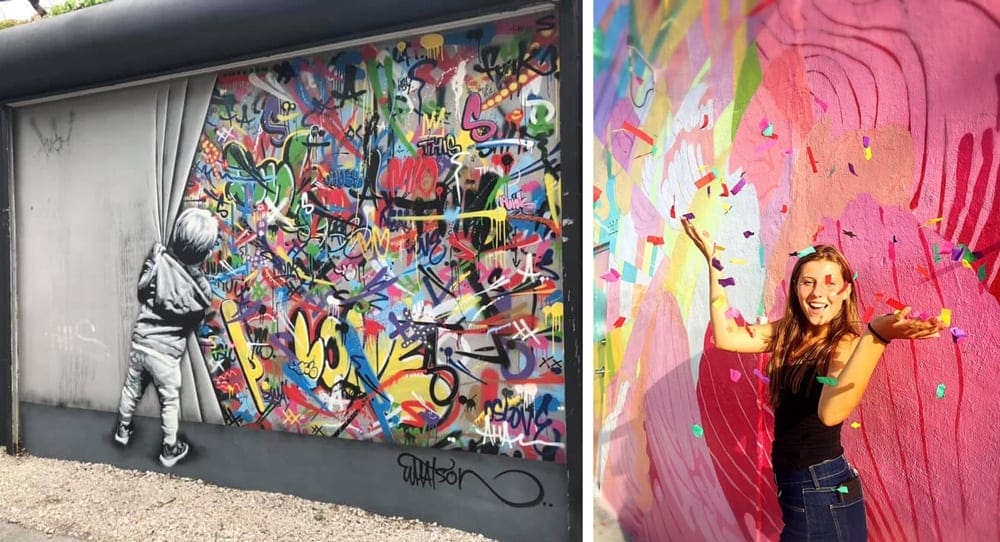 Left Image: A street art mural of a boy in gray peaking behind a gray curtain onto a vibrant world of color. Right Image: A teen girl throws her hands in the air in excitement in front of a pink mural.