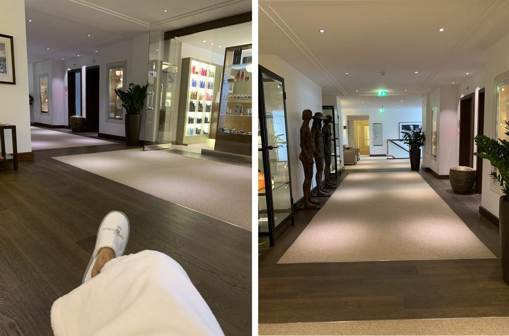 Left Image: A womans foot with slipper extends within the Suvretta House Spa. Right Image: A view of the inside of the Suvretta House Spa.