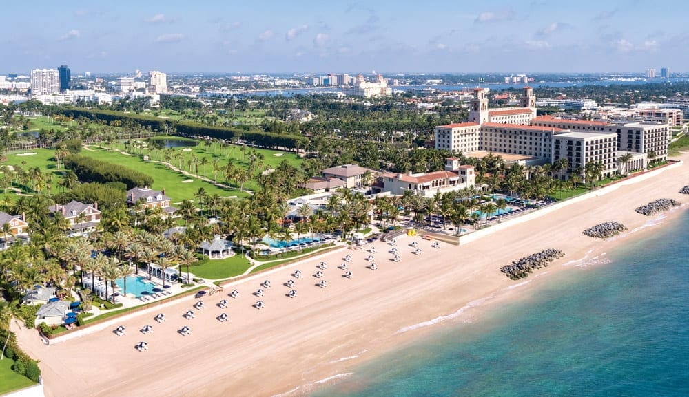An aerial view of The Breakers, featuring an expansive beach front property at one of the best eco-friendly hotels in the United States for families.