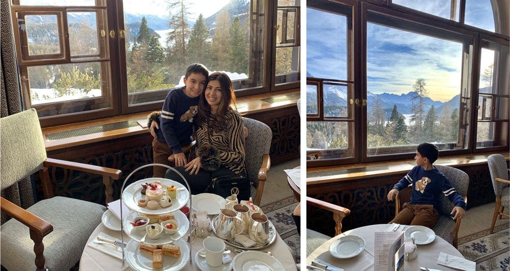 Left Image: Gunjan sits with her young son while enjoying tea time in the Lobby. Right Image: A young boy looks out a large window onto the mountains.