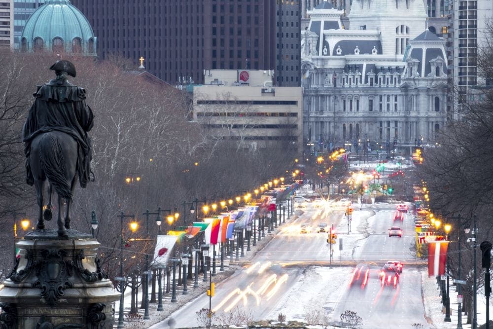 Looking down Benjamin Franklin Parkway on a rainy, winter day.