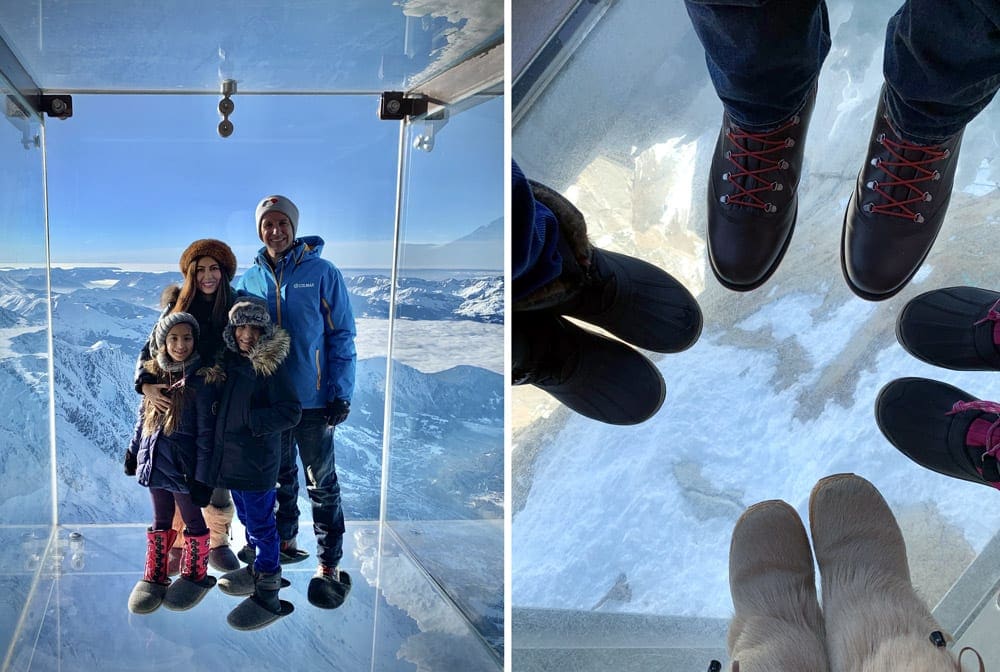 Left Image: A family of four stands inside the glass skywalk called “Step Into the Void. Right Image: A view of four pairs of feet looking through the glass skywalk called “Step Into the Void.
