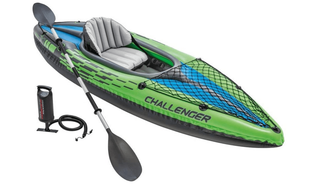 A Intex Challenger Kayak Series with green and blue hues, one of the best family travel gifts of the year.