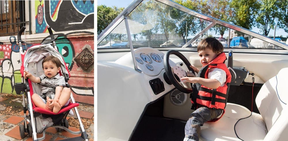 Left photo of a toddler in a stroller with graffiti on the background and photo on the right has a sale toddler holding a boat steering wheel.