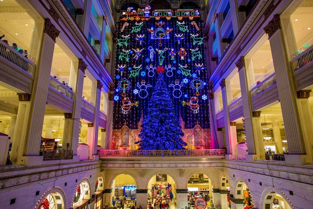A huge light display inside Macy’s Center City store, one of the best things to do in Philadelphia with kids this winter.