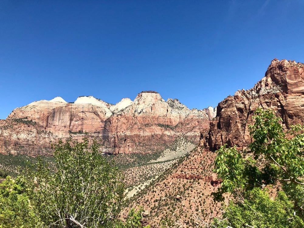 A view of Zion Vista on a clear, sunny day. Zion National Park is one of the stops on this national park itinerary for families.