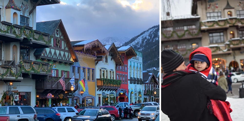 Left Image: A view of downtown Leavenworth on a cool winter day. Right Image: A dad in winter dress holds his infant child wearing red on a chilly day in Leavenworth.