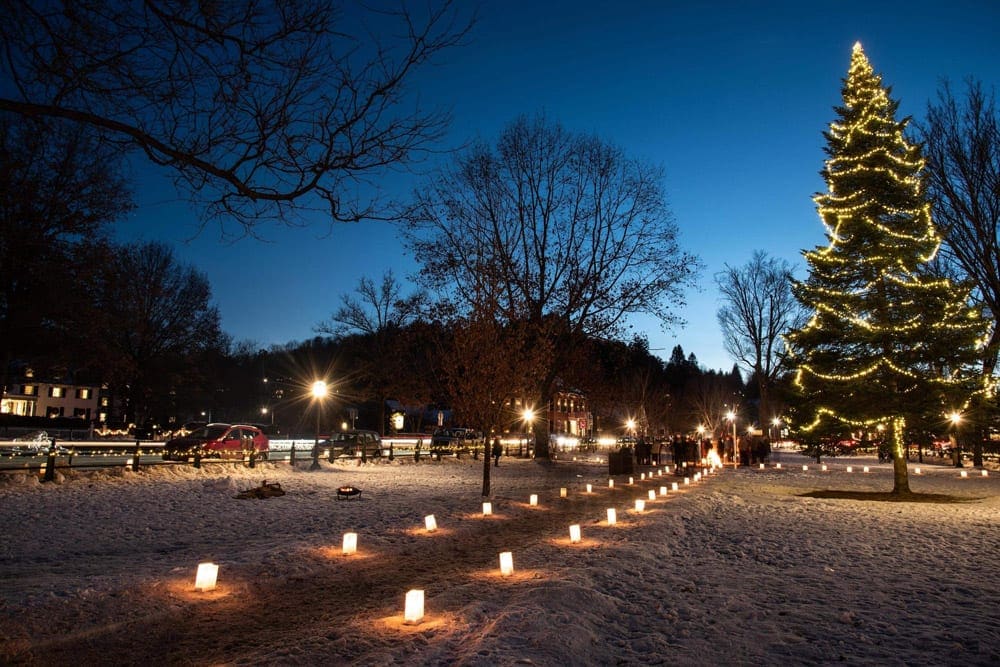 Night time in Woodstock, Vermont, one of the best Christmas towns in the Northeast.