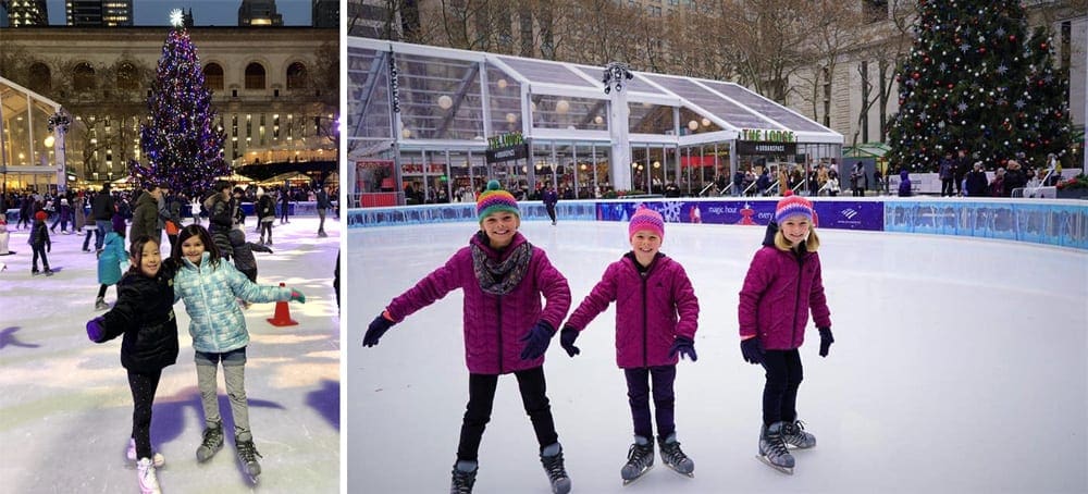 Left Image: Two young girls stand together at the ice rink at Bryant Park. Right Image: Three girls in matching coats skate along the rink at Bryant Park.