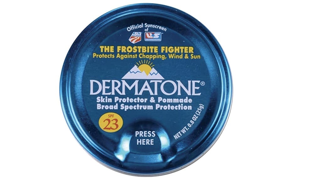 The cover case for Dermatone, a kid's protective ski care product for winter. Proper winter skin care is a key component of our guide to ski gear for kids.