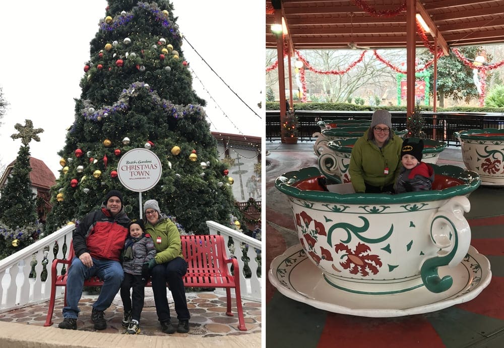 Left Image: A family of three sits on a bench in Busch Gardens in front of a large Christmas tree. Right Image: A mom and her young son sit in a tea cup ride at Busch Gardens in Washington DC.