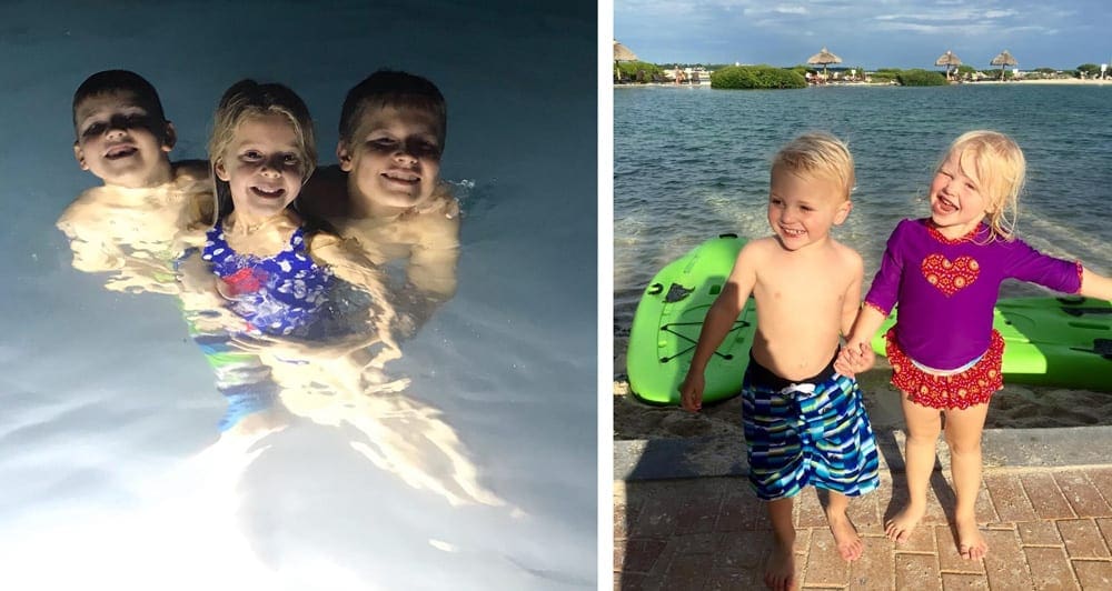 Left Image: Three kids swim in a pool at night. Light illuminates the pool. Right Image: Two kids stand on a dock with a green boogie board. 