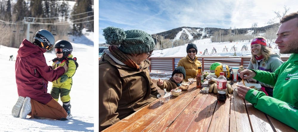 Left Image: A parent kneels down and helps a toddler with their snowsuit. Right Image: A large family eats dinner at a picnic table at Powderhorn Mountain Resort.