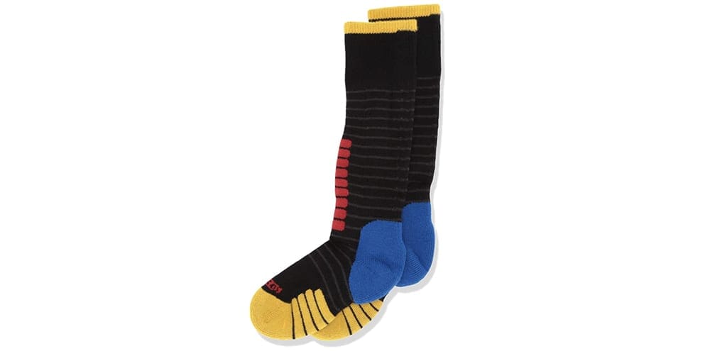 A pair of EuroSocks with yellow toes and blue heels. Warm sock are a key component of our guide to ski gear for kids.