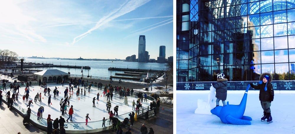 Left Image: An overhead view of The Rink at Brookfield Place, featuring a number of skaters. Right Image: Two young kids stand on skates near a blue plastic whale at The Rink at Brookfield Place.