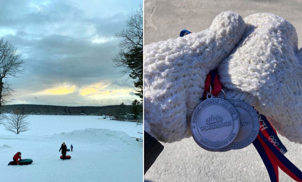 Left Image: two children tubing in the snow. Right Image: gloved hands hold a medal with woodcock engraved on it
