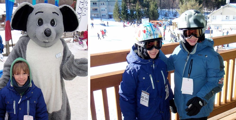 Left Image: A young boy stands with the Smuggler's Notch mascot in the snow. Right Image: Two kids wearing full ski gear, including helmets stand on a balcony overlooking Smuggler's Notch, one of the best places to go skiing in Stowe with kids.