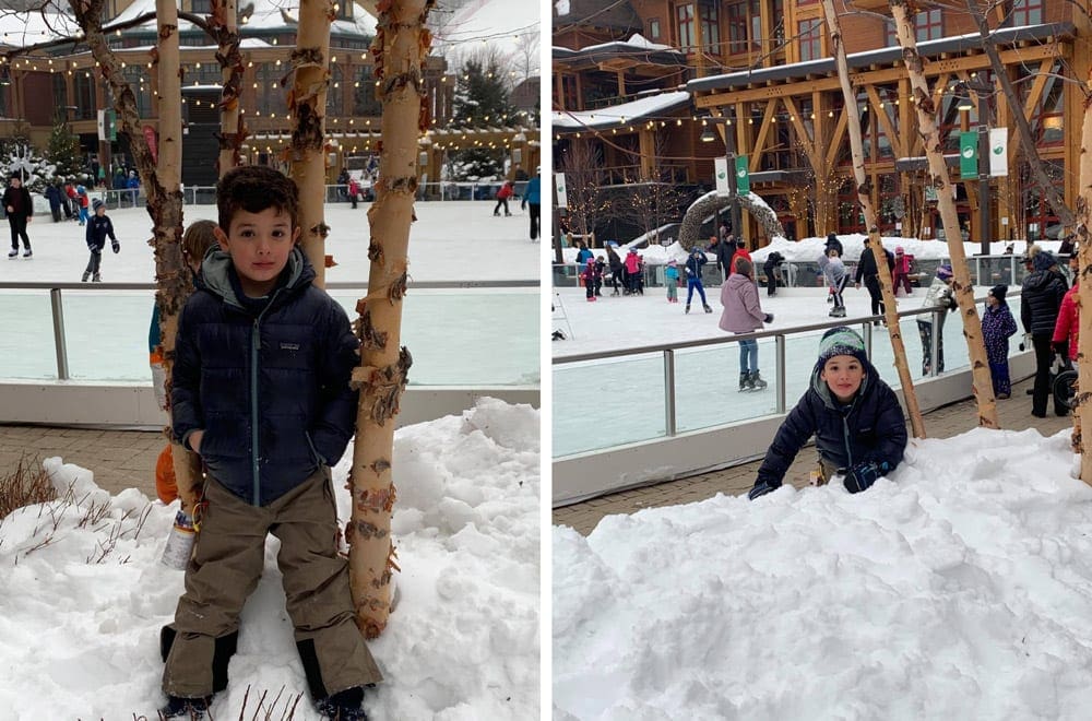 Left Image: A young boy stands in the snow at Stowe in Vermont. Right Image: A young boy plays in the snow at Stowe in Vermont.