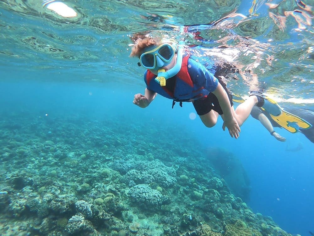 A young boy snorkels in the Mushroom Reef in Fiji.