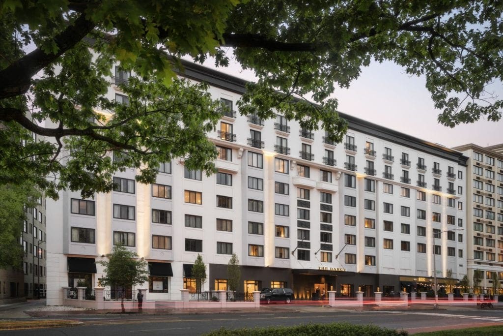 A view of The Darcy at dusk, one of the best family hotels in Washington D.C.