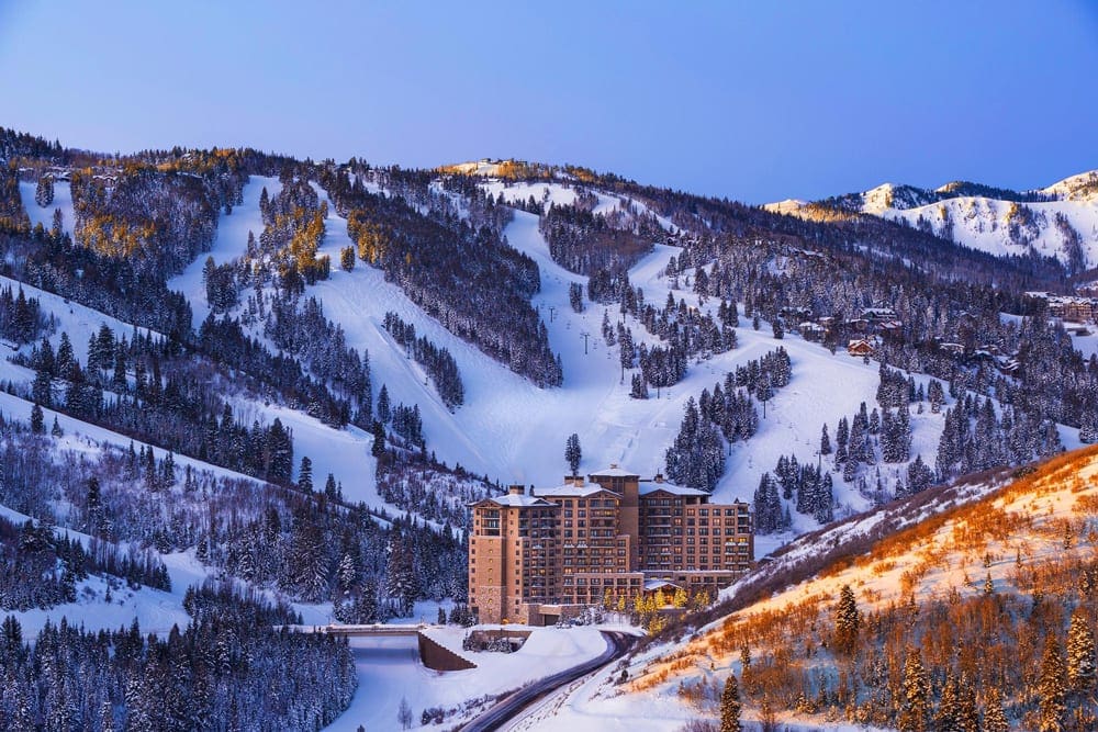 The ski runs and resort buildings at The St. Regis Deer Valley in Park City, Utah, one of the best places to stay when visiting Deer Valley with kids.