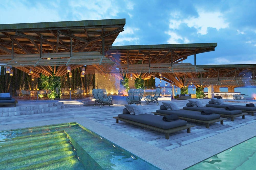 The pool and bonfire area at W Hotel Reserva Conchal at night.