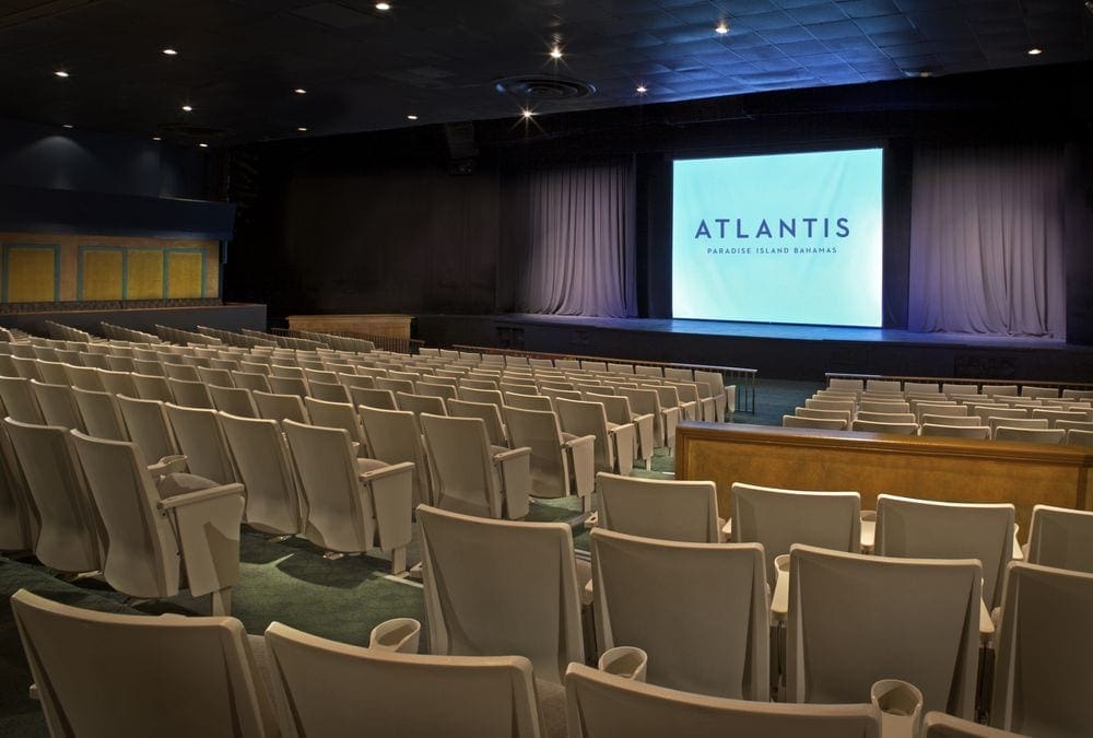 An empty movie theater and stage at the Atlantis Bahamas.