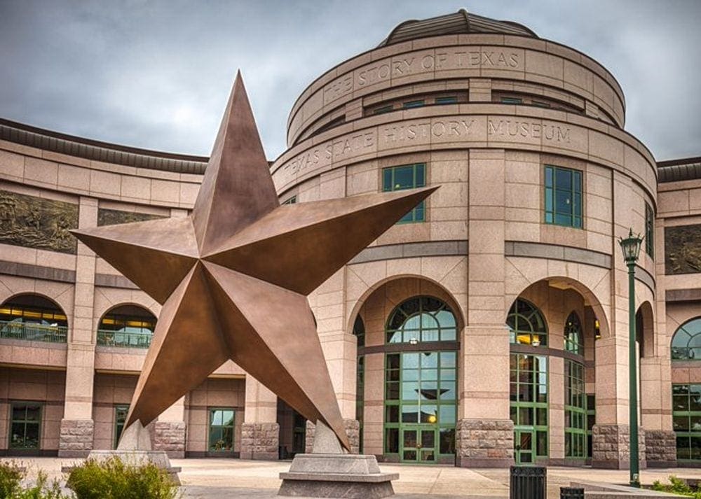 A view of the huge star in front of the entrance to the Bullock Texas State History Museum.