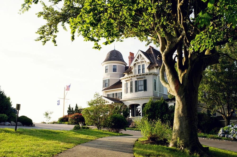 A view of the entance to the Victorian-looking entrance of the Castle Hill Inn, one of the best locations for a romantic getaway in the Northeast.
