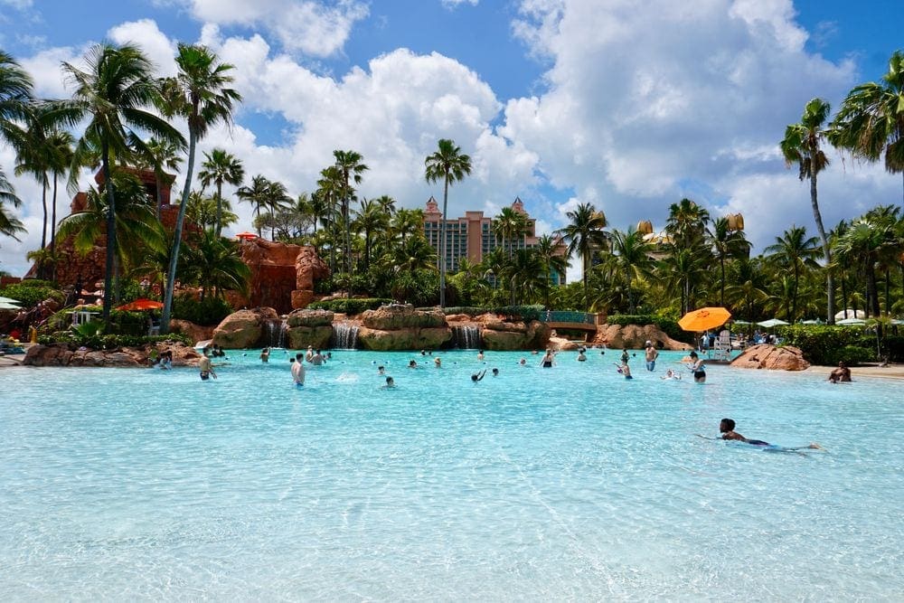 A view of the huge pool, featuring shallow water, at Atlantis Bahamas.