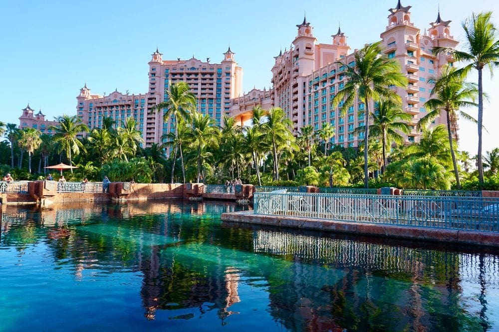 View of three pink hotel towers at the Atlantis resort in the Bahamas. 