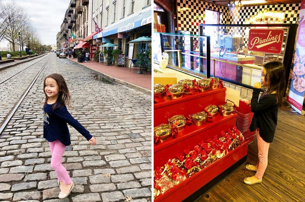 Left Image: A young girl dances on a coblestone street in Savannah. Right Image: A young girl looks a case of pralines in a store in Savannah.