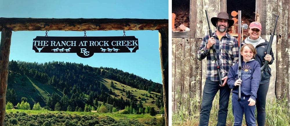 Left Image: The sign for the Ranch at Rock Creek. Left image: A family of three stands with riffles before a shoot at Rock Creek Ranch.