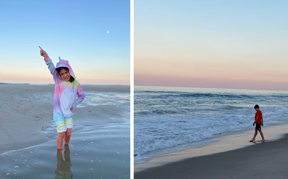 Left Image: A girl wearing a unicorn hoodie poses on a beach in the Outer Banks. Right Image: A young boy wanders a beach in the Outer Banks at sunset, one of the best beach towns on the East Coast with kids.