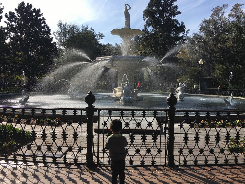 A toddler boy looks through a wrought-iron fence at a fountain in Savannah.