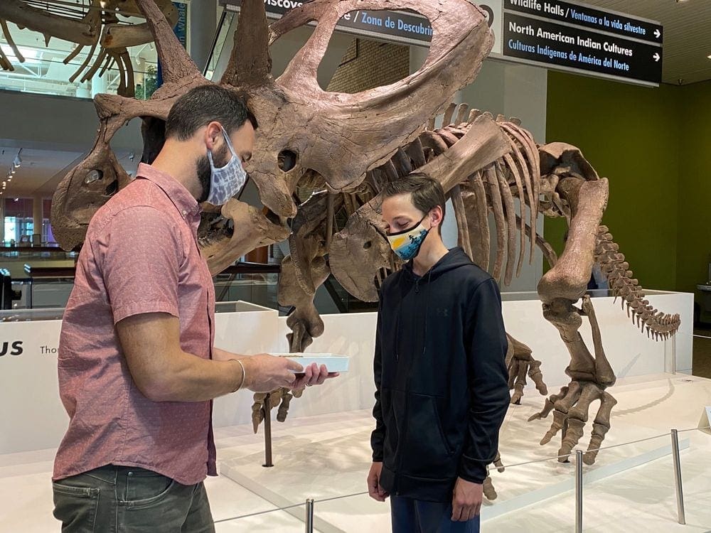 A staff member shows a guest a museum artifact with a large dinosaur skeleton behind them at the Denver Museum of Nature & Science, one of the best things to do in Colorado with kids.