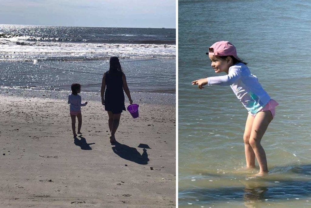 Left Image: A mom and daughter with sand toys walk along Isle of Palm Beach. Right Image: A young girl plays in the water at Isle of Palm Beach.