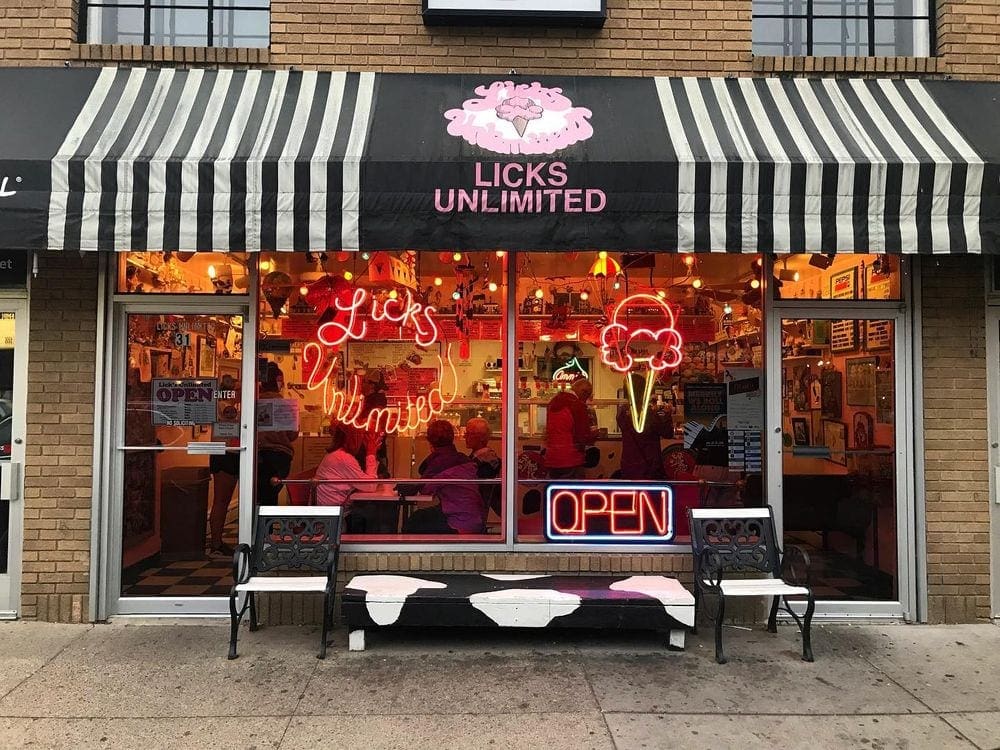The lit-up entrance to Licks Unlimited, one of the best things to do in Minneapols with kids is to try the ice cream!
