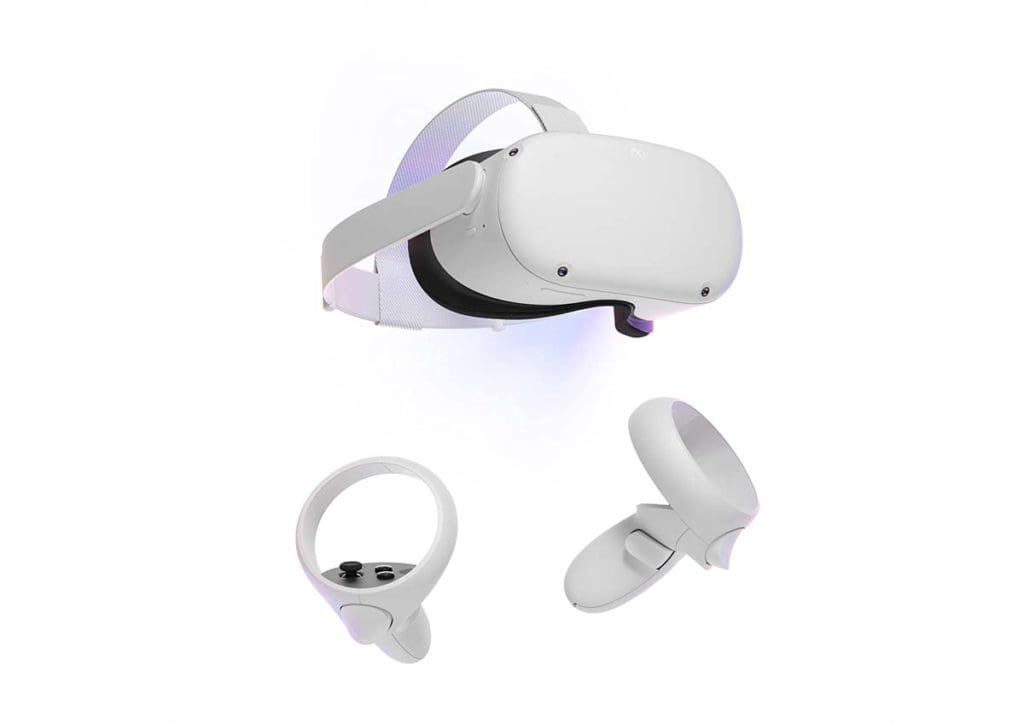 Product shot Oculus Quest 2 in white, one of the best family travel gifts of the year.